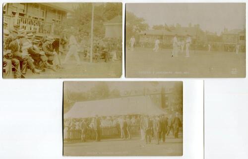 Sussex postcards by T.W.S. Wiles of Hove 1912 and 1913. Three sepia real photograph postcards taken at Sussex matches played at Hove in the two years quoted. The titles are &lsquo;Sussex v Australians, Hove 1912&rsquo; showing a player going up the stairs of the pavi