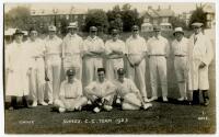 Sussex, Hove 1923. Mono real photograph postcard of the team standing and seated in rows with Arthur Gilligan, Captain to centre, the umpires to either end. The postcard by T.W.S. Wiles of Hove. Postally unused. Sold with a further real photograph postcar