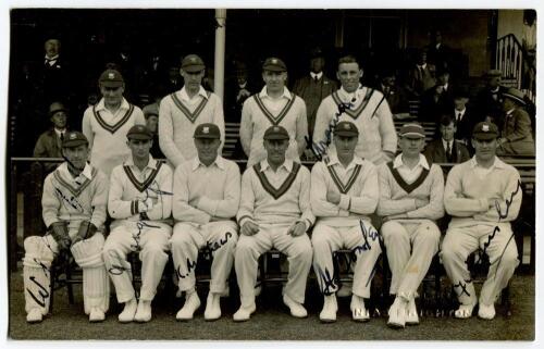 Sussex v Gloucestershire, Hove, May 1928. Mono real photograph postcard of the team, standing and seated in rows, with Captain, Arthur Gilligan to centre. The postcard signed by nine of the players featured, lacking the signatures of the two &lsquo;gentlemen cr