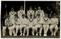 Sussex v Gloucestershire, Hove, May 1928. Mono real photograph postcard of the team, standing and seated in rows, with Captain, Arthur Gilligan to centre. The postcard signed by nine of the players featured, lacking the signatures of the two ‘gentlemen cr