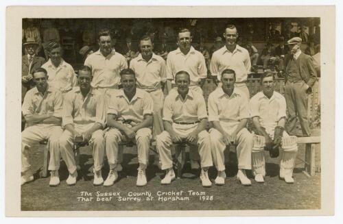 Sussex C.C.C. 1928. Original sepia real photograph postcard of the Sussex team seated and standing in rows in front of the pavilion, wearing cricket attire. Title to lower portion of the image, &lsquo;The Sussex County Cricket Team that beat Surrey at Horsham 1