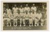 Sussex C.C.C. 1928. Original sepia real photograph postcard of the Sussex team seated and standing in rows in front of the pavilion, wearing cricket attire. Title to lower portion of the image, &lsquo;The Sussex County Cricket Team that beat Surrey at Horsham 1