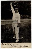 Frederick William Tate. Sussex & England 1887-1905. Excellent mono printed postcard of Tate, full length, wearing Sussex cap and in bowling pose at the wicket. The postcard nicely signed to lower border in black ink by Tate. Wrench series 1384. Odd faults