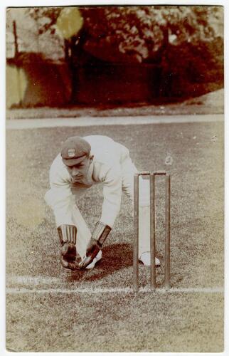Henry Rigden &lsquo;Harry&rsquo; Butt, Sussex & England, 1890-1912. Mono real photograph postcard of Butt wearing Sussex cap in wicket keeper pose at the wicket. Foster or Hawkins of Brighton postcards. Slight discolouration to top left hand corner otherwise in good 