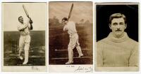 Charles Burgess Fry, Sussex & England 1892-1921. Three postcards of Fry, one sepia, two mono, two real photograph and one printed. One head and shoulders and two batting pose images, publishers are Hartmann, Rotary and one unknown. The Hartmann postcard s