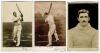 Charles Burgess Fry, Sussex & England 1892-1921. Three postcards of Fry, one sepia, two mono, two real photograph and one printed. One head and shoulders and two batting pose images, publishers are Hartmann, Rotary and one unknown. The Hartmann postcard s
