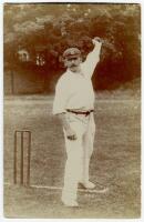 George Rubens Cox. Sussex 1895-1928. Sepia real photograph postcard of Cox wearing Sussex cap in bowling pose at the wicket. Foster or Hawkins of Brighton postcards. Good condition