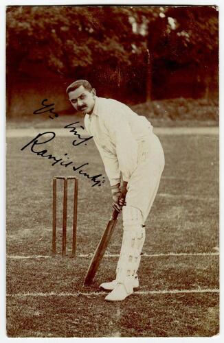 Kumar Sri Ranjitsinhji. Sussex & England 1895-1920. Mono real photograph postcard of Ranjitsinhji standing full length at the crease in batting pose. Very nicely signed in ink to the image &lsquo; Yours truly Ranjitsinhji&rsquo;. Short message to verso which may well