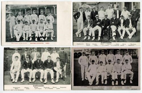 ‘Warwickshire 1903’. Mono printed postcard of the Warwickshire team of 1903. ‘The County Cricket Series’. Sold with three other mono printed postcards of Warwickshire teams for 1903, circa 1904 and 1906. Publishers are Scott (2) and Star Series. Good cond