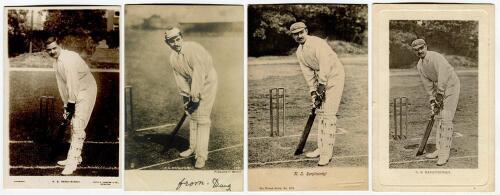 Kumar Sri Ranjitsinhji. Sussex & England 1895-1920. Four postcards of Ranjitsinhji, two sepia, two mono, one real photograph and three printed. All batting pose images, publishers are &lsquo;Famous Cricketers S.C., H&rsquo;, Thiele and two by Wrench. Good condition