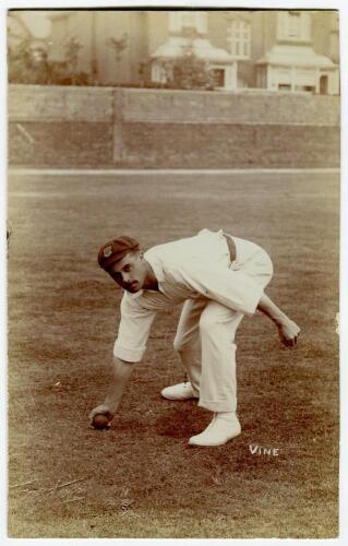 Joseph &lsquo;Joe&rsquo; Vine. Sussex & England 1896-1922. Excellent sepia real photograph postcard of Vine in fielding pose. Foster of Brighton. Good condition