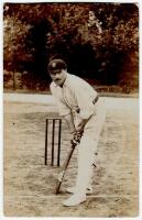 Joseph ‘Joe’ Vine. Sussex & England 1896-1922. Excellent sepia real photograph postcard of Vine in batting pose at the wicket. Foster or Hawkins of Brighton. Good condition