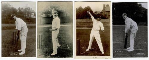 Albert Edward Relf. Sussex & England 1900-1921. Four postcards of Relf, one sepia, three mono, two real photograph and two printed. Two in batting pose, two bowling images, publishers are Foster Series, Hartmann, &lsquo;Famous Cricketers S.C., H&rsquo; and Star Serie
