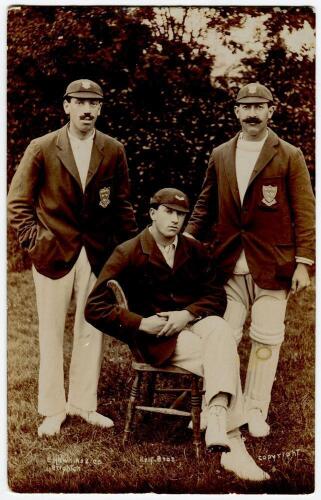 &lsquo;The Relf Bros&rsquo;. Fine real photograph postcard showing the three Relf brothers who played for Sussex in the early part of the century. Standing are Albert Relf (1900-21) and Robert (Bob) Relf (1905-24) and seated is Ernest Relf (1912-14). All three wearin