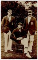 ‘The Relf Bros’. Fine real photograph postcard showing the three Relf brothers who played for Sussex in the early part of the century. Standing are Albert Relf (1900-21) and Robert (Bob) Relf (1905-24) and seated is Ernest Relf (1912-14). All three wearin