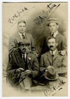 Albert Edward Relf. Sussex & England 1900-1921, Robert Richard Relf. Sussex 1905-1924 and Vallance William Crisp Jupp. Sussex, Northamptonshire & England 1909-1938. Excellent mono real photograph postcard of all three players and a further person in casua