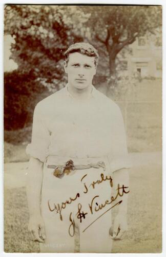 John Herbert Vincett. Sussex 1907-1919. Sepia real photograph postcard of Vincent, three quarter length, wearing cricket attire. Nicely signed by Vincent in black ink to image &lsquo;Yours truly J.H. Vincent&rsquo;. Foster of Brighton. Postally used. Some fading othe
