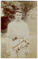 John Herbert Vincett. Sussex 1907-1919. Sepia real photograph postcard of Vincent, three quarter length, wearing cricket attire. Nicely signed by Vincent in black ink to image ‘Yours truly J.H. Vincent’. Foster of Brighton. Postally used. Some fading othe