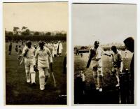 Sussex. Two candid real photograph postcards of Sussex batsman walking into together having batted in a match. The first shows Bowley and Duleepsinhji and is dated to verso in ink wither 1927 or 1929 and the second shows Bowley and Gilligan at Hove. Publi