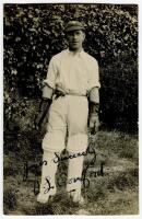 Walter Latter ‘Tich’ Cornford. Sussex & England 1921-1947. Mono real photograph postcard of Cornford, full length, wearing wicket keeping attire, nicely signed in ink by Cornford to face. Nias of Brighton. Good condition