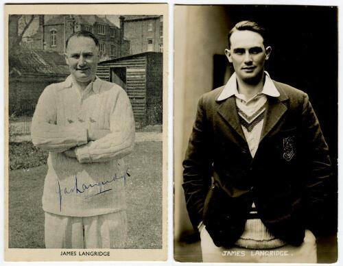 James Langridge. Sussex & England 1924-1953. Mono printed postcard of Langridge, half length, wearing Sussex sweater. Signed in blue ink by Langridge to image. Kilroy Limited of Hove. Sold with a Deane, Wiles & Millar of Brighton real photograph postcard 