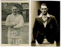 James Langridge. Sussex & England 1924-1953. Mono printed postcard of Langridge, half length, wearing Sussex sweater. Signed in blue ink by Langridge to image. Kilroy Limited of Hove. Sold with a Deane, Wiles & Millar of Brighton real photograph postcard 