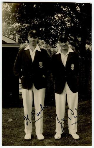 Henry William ‘Harry’ Parks. Sussex & Commonwealth 1926-1948 and James Horace Parks, Sussex & England 1924-1939. Mono real photograph postcard of the two Parks brothers, both full length, in county blazers and caps. Signed in black ink by both of the brot