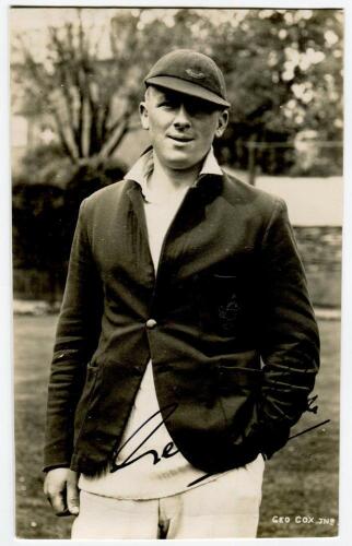 George Cox Junior. Sussex 1931-1961. Mono real photograph postcard of Cox, half length,wearing cap and blazer. Nicely signed in black ink by Cox. Deane, Wiles & Millar of Brighton. Good/very good condition