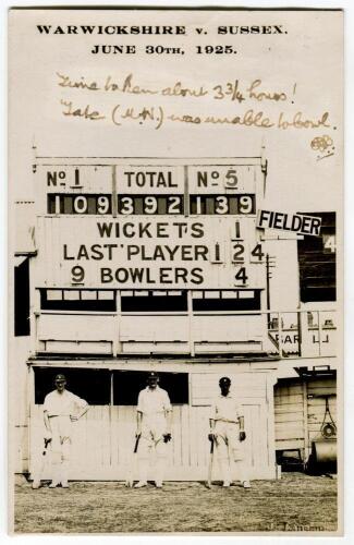 Warwickshire v Sussex 1925. Original real photograph postcard showing the scoreboard after the match played at Edgbaston on 27-30th June 1925. In Warwickshire’s second innings they made 392-1 to win the match by nine wickets, Smith made 139no, Parsons 124