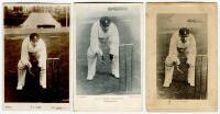 Arthur Frederick Augustus ‘Dick’ Lilley. Warwickshire, London County & England 1894-1911. Three postcards of Lilley, two sepia, one mono, one real photograph and two printed. All three wicket keeping pose images, publishers are ‘Famous Cricketers S.C., H,