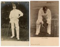 Arthur Frederick Augustus Lilley. Warwickshire & England 1894-1911. Four original mono postcards of Lilley including a real photograph postcard of Lilley standing full length wearing cricket attire and Warwickshire cap, leaning on a bat. Hartmann series n