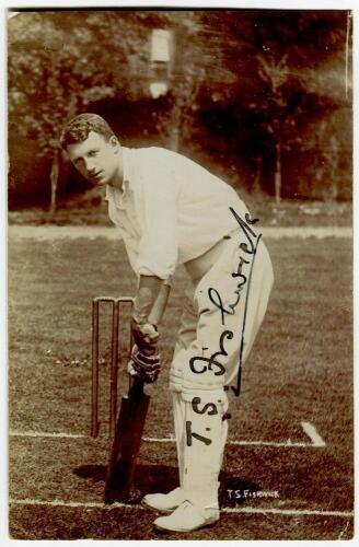 Tom Silvester Fishwick. Warwickshire 1896-1909. Sepia real photograph postcard of Fishwick, full length, in batting pose in front of the wicket. Nicely signed by Fishwick in black ink to image. Foster of Brighton. Postally used, dated 1907. Good condition