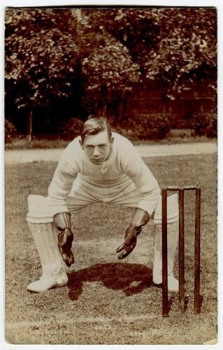 Ernest James ‘Tiger’ Smith. Warwickshire & England 1904-1930. Excellent sepia real photograph postcard of Smith, full length, in wicket keeping pose at the wicket. E. Hawkins & Co, Brighton. Slight wear to lower right hand corner otherwise in good conditi