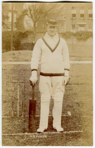 Henry Knollys ‘Harry’ Foster. Oxford University & Worcestershire 1894-1925. Sepia real photograph postcard of Foster, full length, in batting pose at the wicket. Foster of Brighton postcard. Adhesive marks to verso, slight damage to lower part of the card