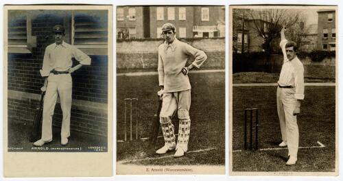 Edward George Arnold. Worcestershire, London County & England 1899-1913. Three postcards of Arnold, two sepia, one mono, one real photograph and two printed. one bowling and two batting pose images, publishers are Rapid, Wrench and one unknown. Silvering 