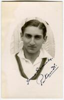 Iftikhar Ali Khan, Nawab of Pataudi. Oxford University, Worcestershire, England & India 1928-1946. Mono real photograph postcard of a youthful Pataudi, head and shoulders in cameo, wearing sweater. Very nicely signed in black ink by Pataudi. Postcard by A