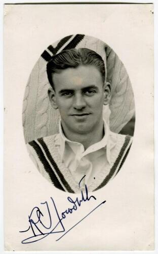 Richard Howorth. Worcestershire 1933-1951. Mono real photograph postcard of a Howarth, head and shoulders in cameo, wearing Worcestershire sweater. Very nicely signed in black ink by Howarth. Postcard by A. Wilkes & Son of West Bromwich. Dated to verso Ap