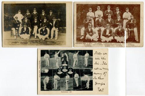 Yorkshire 1902, 1903 and 1905. Three team postcards, two sepia, one mono, one real photograph and two printed. Two postcards show the teams sitting and standing in rows with titles to lower borders and the 1902 card with players in cameo. Publishers are D