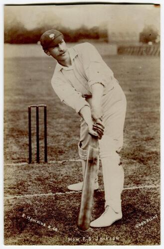 Frank Stanley Jackson. Yorkshire, Cambridge University & England 1890-1907. Sepia real photograph postcard of Jackson, full length, in batting pose in front of the wicket wearing Yorkshire cap. Hawkins of Brighton postcard. Adhesive mark to verso otherwis