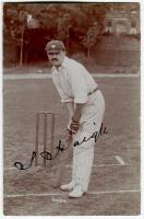 Schofield Haigh, Yorkshire & England 1895-1913. Excellent sepia real photograph postcard of Haigh, full length, in batting pose in front of the wicket wearing Yorkshire cap. Very nicely signed in black ink by Haigh. Foster of Brighton postcard. Very good 