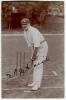 Schofield Haigh, Yorkshire & England 1895-1913. Excellent sepia real photograph postcard of Haigh, full length, in batting pose in front of the wicket wearing Yorkshire cap. Very nicely signed in black ink by Haigh. Foster of Brighton postcard. Very good 