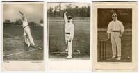 Schofield Haigh, Yorkshire & England 1895-1913. Three postcards of Haigh, two mono and one sepia, one real photograph and two printed, all bowling pose images, publishers are Dainty Series, Wrench and Hartmann. One postally used. Qty 3. Good condition