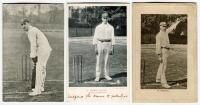 Wilfred Rhodes. Yorkshire & England 1898-1930. Three postcards of Rhodes, two mono and one sepia, all printed, two in bowling pose images and one batting, publishers are Walker, Wrench and one other. Postally unused. Qty 3. Good condition