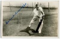 Herbert Sutcliffe. Yorkshire & England 1919-1945. Mono real photograph postcard of Sutcliffe in batting pose in the nets nicely signed in blue ink to the photograph. Publisher unknown. Postally unused. Sold with a further real photograph postcard of Sutcl