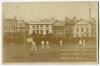 Hastings Cricket Week. North v South 1904. Sepia real photograph postcard of David Denton being dismissed during the match, bowled by Arnold. The printed title to card reads ‘Hastings Cricket Week 1904. North v South. Sept 9th. Denton, B Arnold 4’. The po