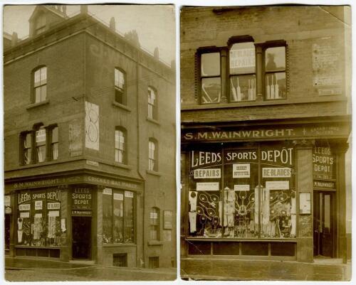 &lsquo;S.M. Wainwright. Cricket Bat Maker&rsquo; c1900. Two sepia real photograph postcards of Wainwright&rsquo;s shop located in Bridge End, Leeds. Publisher unknown. Two different views. Rare. Some wear with some creasing to one card otherwise in good condition