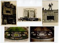 ‘The Johnnie Walker Test Match Scoreboard 1920/30’s’. Three sepia and mono postcards showing the scoreboards at Brighton, Southend etc. Test matches include the 1928/29 series in Australia, 1930 in England etc. Sold with colour and mono postcards showing 