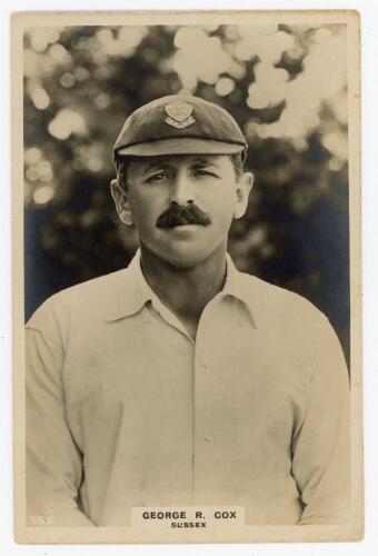 George Rubens Cox. Sussex 1895-1928. Phillips ‘Pinnace’ premium issue cabinet size mono real photograph trade card of Cox, head and shoulders wearing cricket attire and Sussex cap. No. 55.C. 4”x6”. Plain back. Minor silvering, otherwise in very good condi