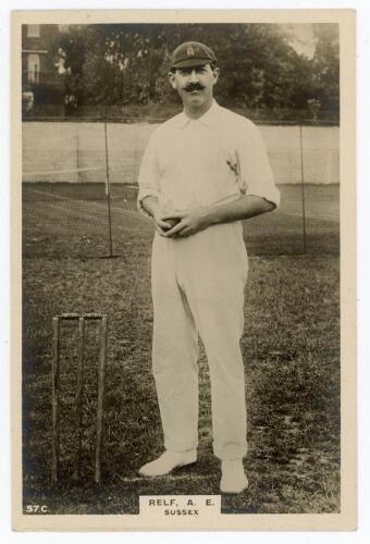 Albert Edward Relf. Sussex, London County, Auckland & England 1900-1921. Phillips &lsquo;Pinnace&rsquo; premium issue cabinet size mono real photograph trade card of Relf, standing full length at the wicket holding a ball, wearing cricket attire and England cap. No. 
