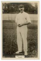 Albert Edward Relf. Sussex, London County, Auckland & England 1900-1921. Phillips ‘Pinnace’ premium issue cabinet size mono real photograph trade card of Relf, standing full length at the wicket holding a ball, wearing cricket attire and England cap. No. 